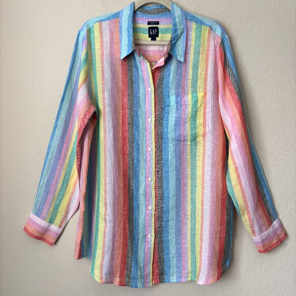GAP 100% Linen Rainbow Striped Oversized Boyfriend Button Up Shirt - Picture 2 of 13